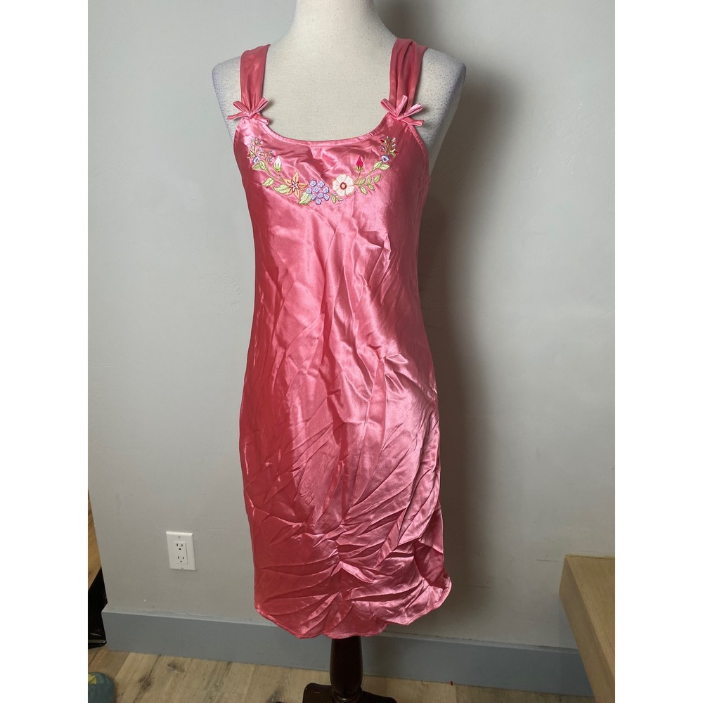 Pink K Satin Nightgown Floral Embroidered Bow Strap Pink Sleepwear Small